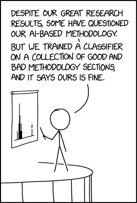 A stick figure at a podium points to a chart — a bell curve with one tall bar far to the right — and says: despite our great research results, some have questioned our AI-based methodology, but we trained a classifier on good and bad methodology sections, and it says ours is fine.